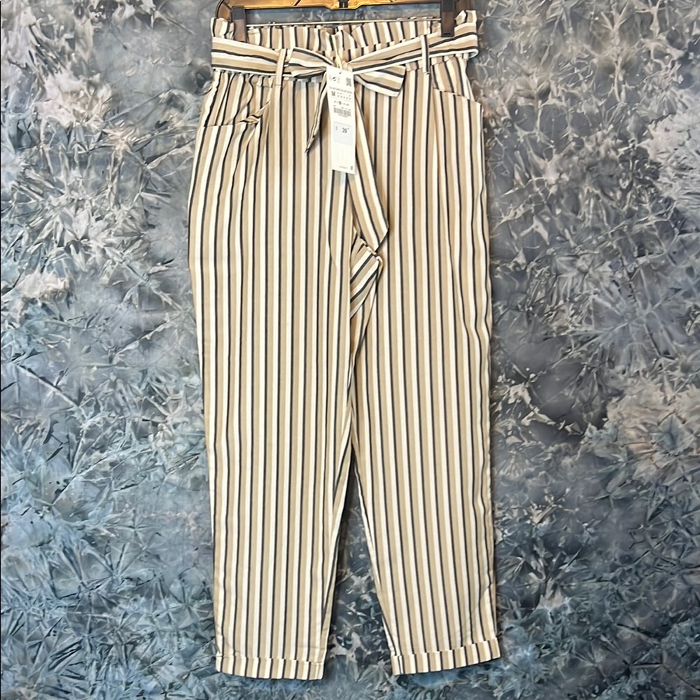 Zara Cream and White Trousers with High Waist and Pinstripe Pattern